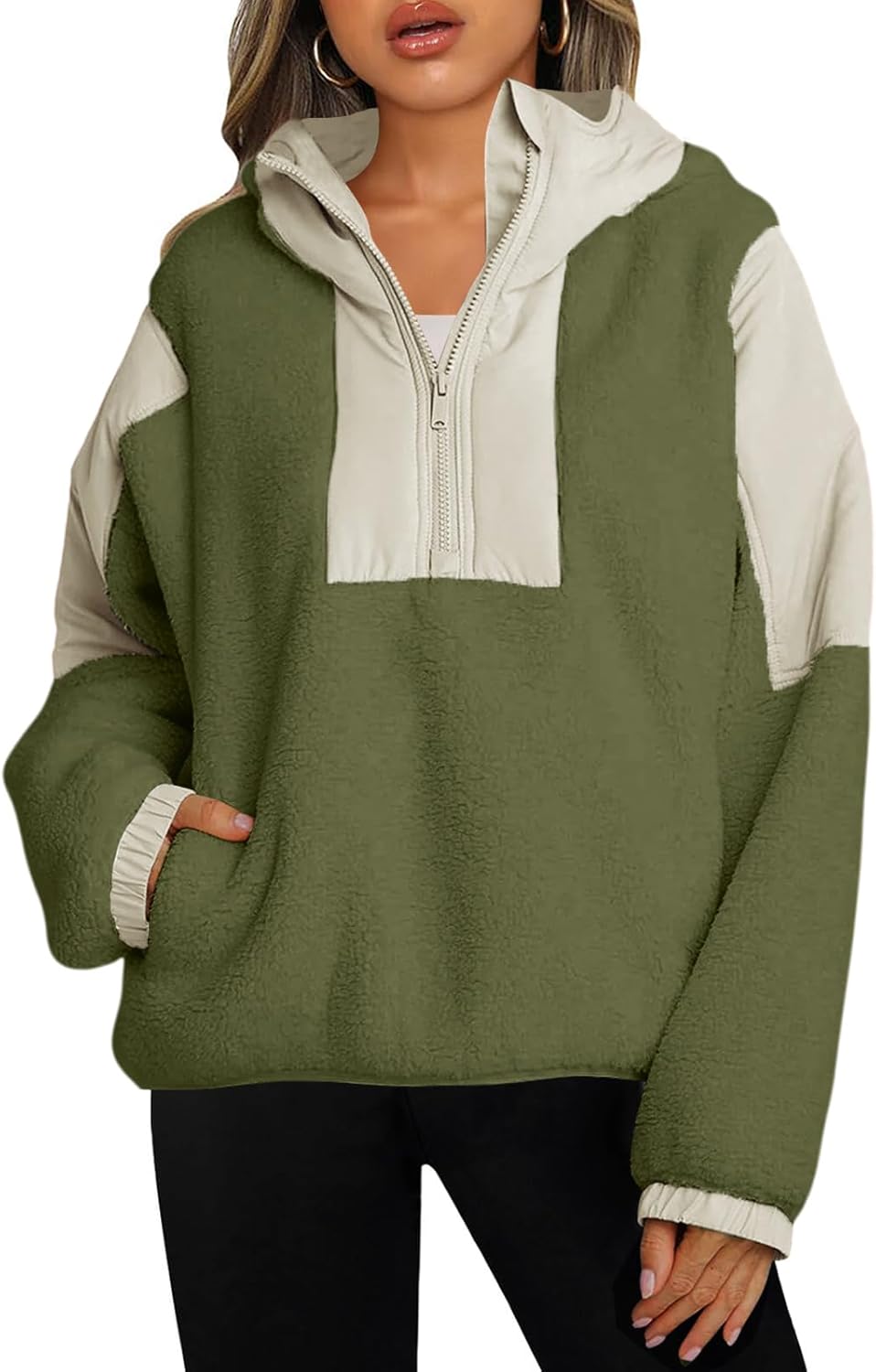 Panadila Womens Half Zip Pullover with Pockets Sherpa Hoodie Oversized Hooded Sweatshirt Warm Fleece Jackets