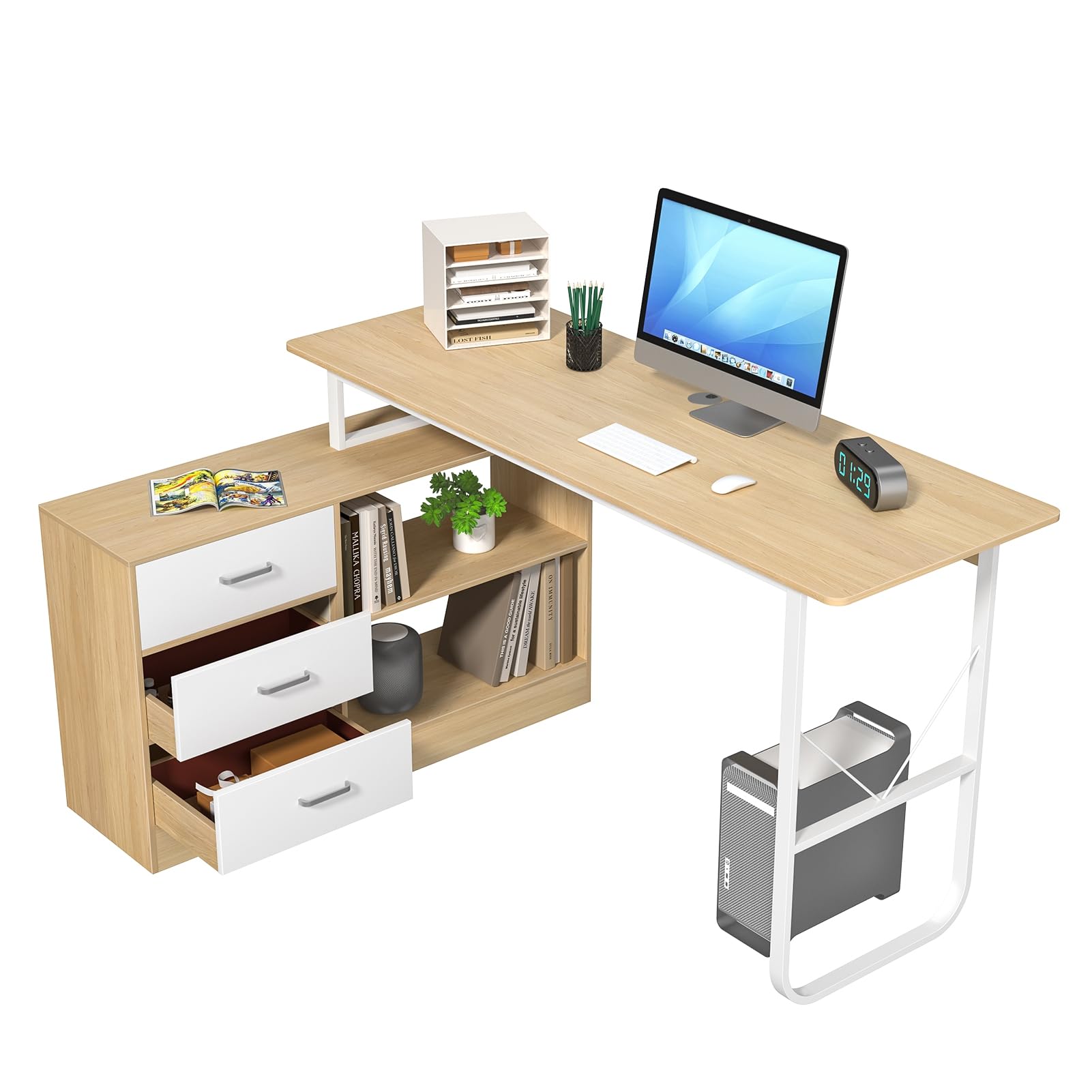 Yokawe Corner Computer Desk with 3 Drawers and 2 Shelves, 140cm x 100cm x 75cm Large L-Shaped Writing Desk, Writing Table with Storage Shelf for Home Office 140cm