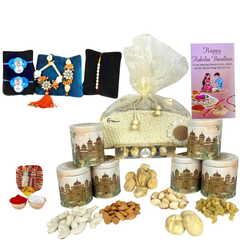 Image of NUTRI MIRACLE Rakhi Dry Fruit and Chocolate Combo Box | Wedding Gift Basket with Handcrafted Nuts and Delights