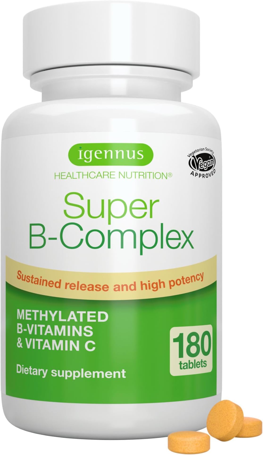 Super B-Complex – Methylated Sustained Release B Complex & Vitamin C, Folate & Methylcobalamin, Vegan, Energy, Heart & Brain Function, 180 Small Tablets