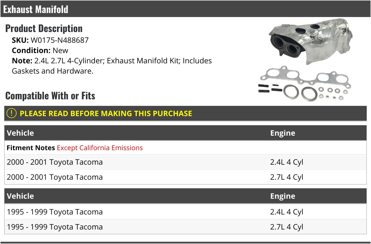 Marketplace Auto Parts Exhaust Manifold - Compatible with 1995-2001 Toyota Tacoma 2.4L 2.7L 4-Cylinder (Excludes with California Emissions)