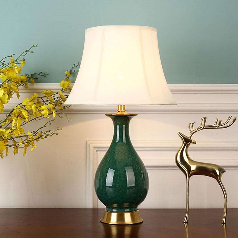 SGKOMN 25.2" Ceramic Desk Lamp, Green/Pink Crack Glaze Table Lamp Vintage Ceramic Lamp Body With Fabric Lampshade Bedside Desk Lamp Personality Decorative For Living Room, Bedro-B