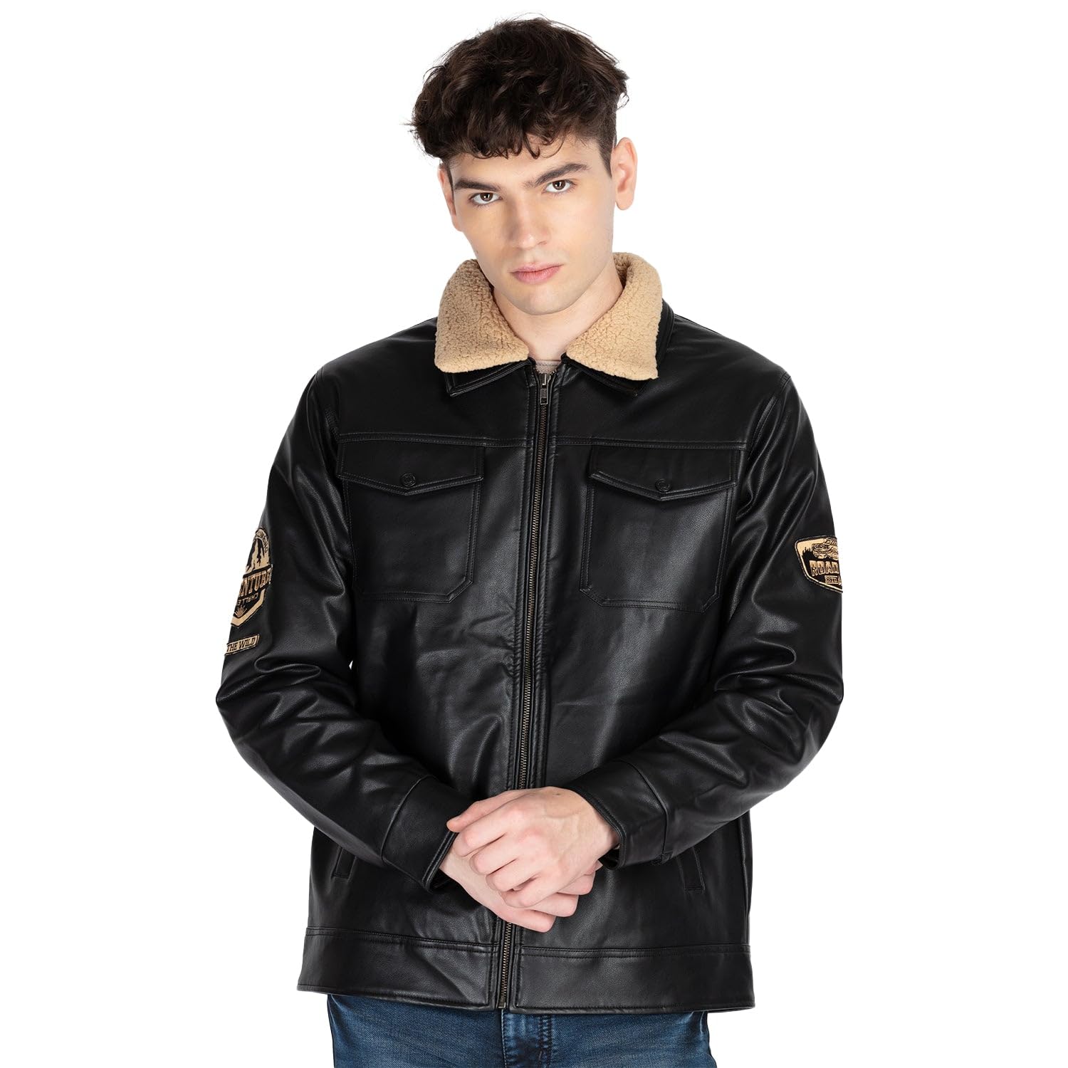 status quo Faux Leather Zip-Up Jacket with Sherpa Collar-picture-2