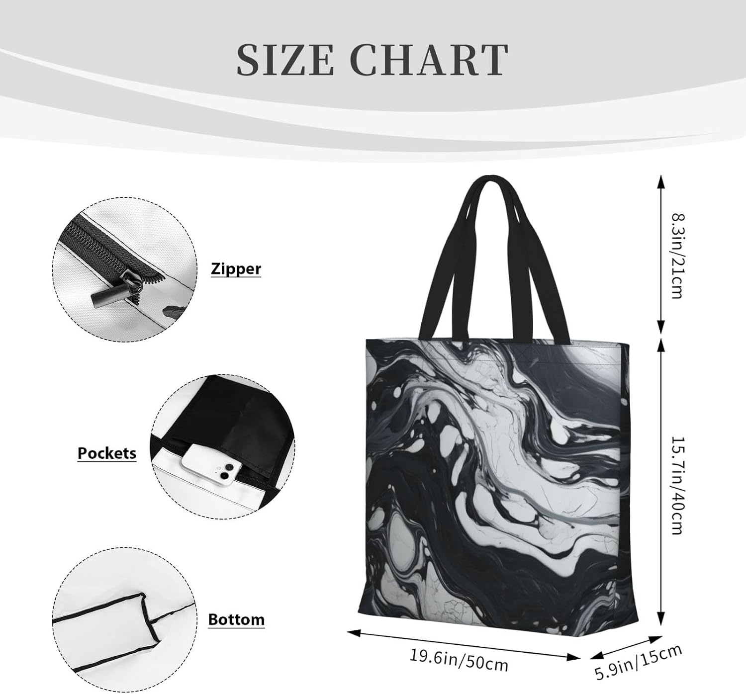 Black White Marble Print Eco-Friendly Tote Lightweight Grocery Bag Daily Commuting Travel Beach Gym Use