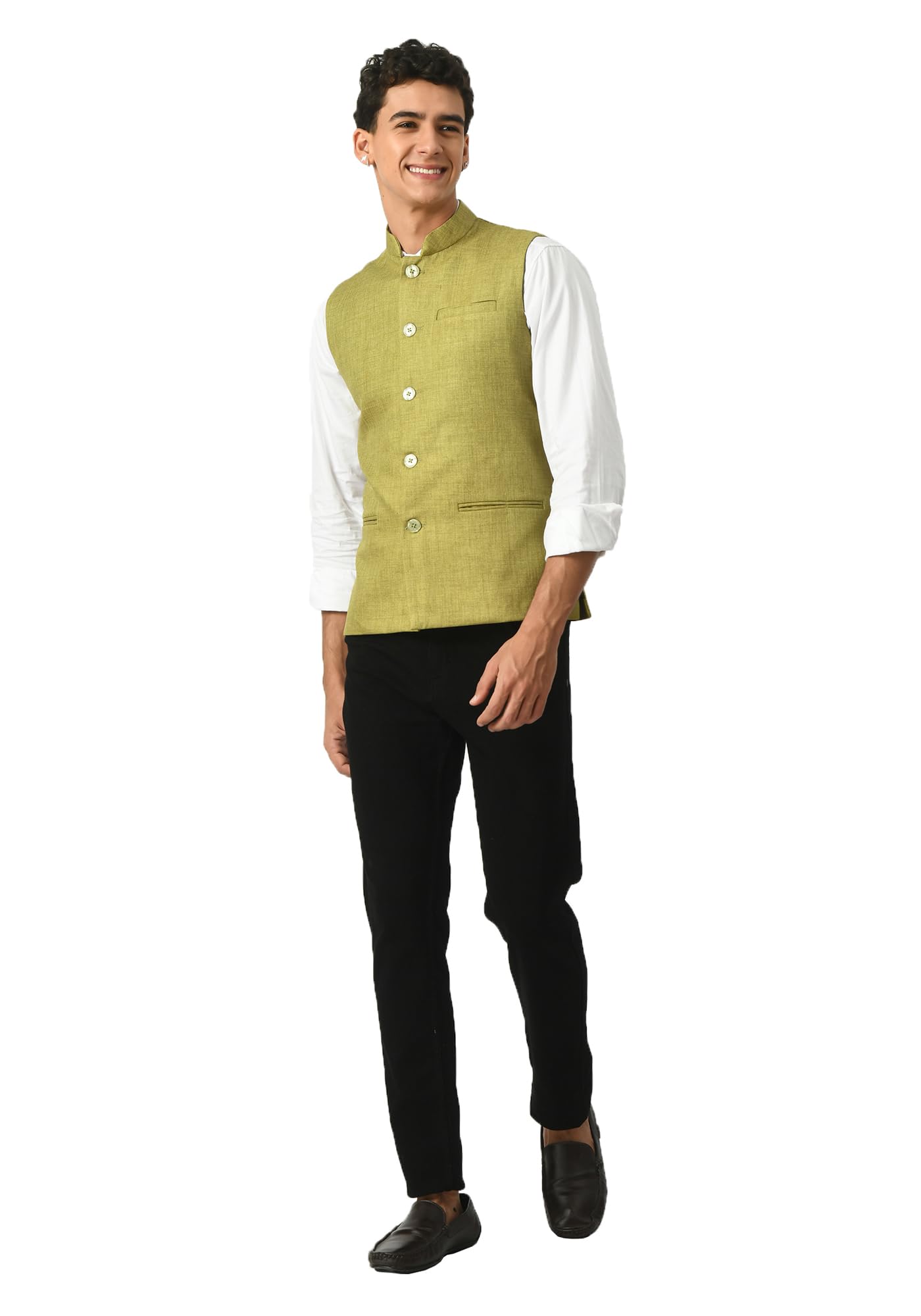 Men Solid Cotton Blended Nehru Jacket/Modi Waistcoat (Olive,Single)-image-38