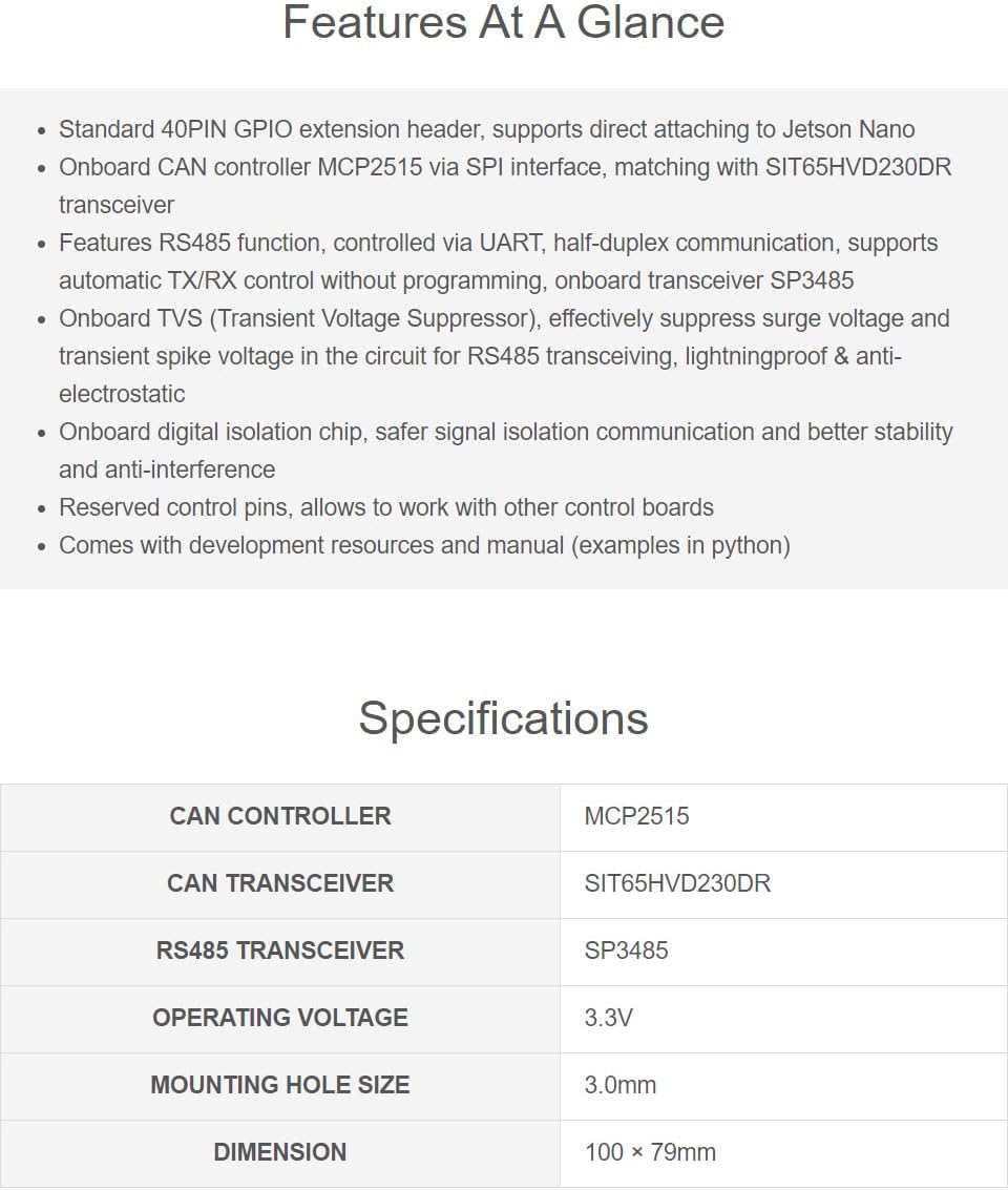 Features of Waveshare RS485 CAN Expansion Board