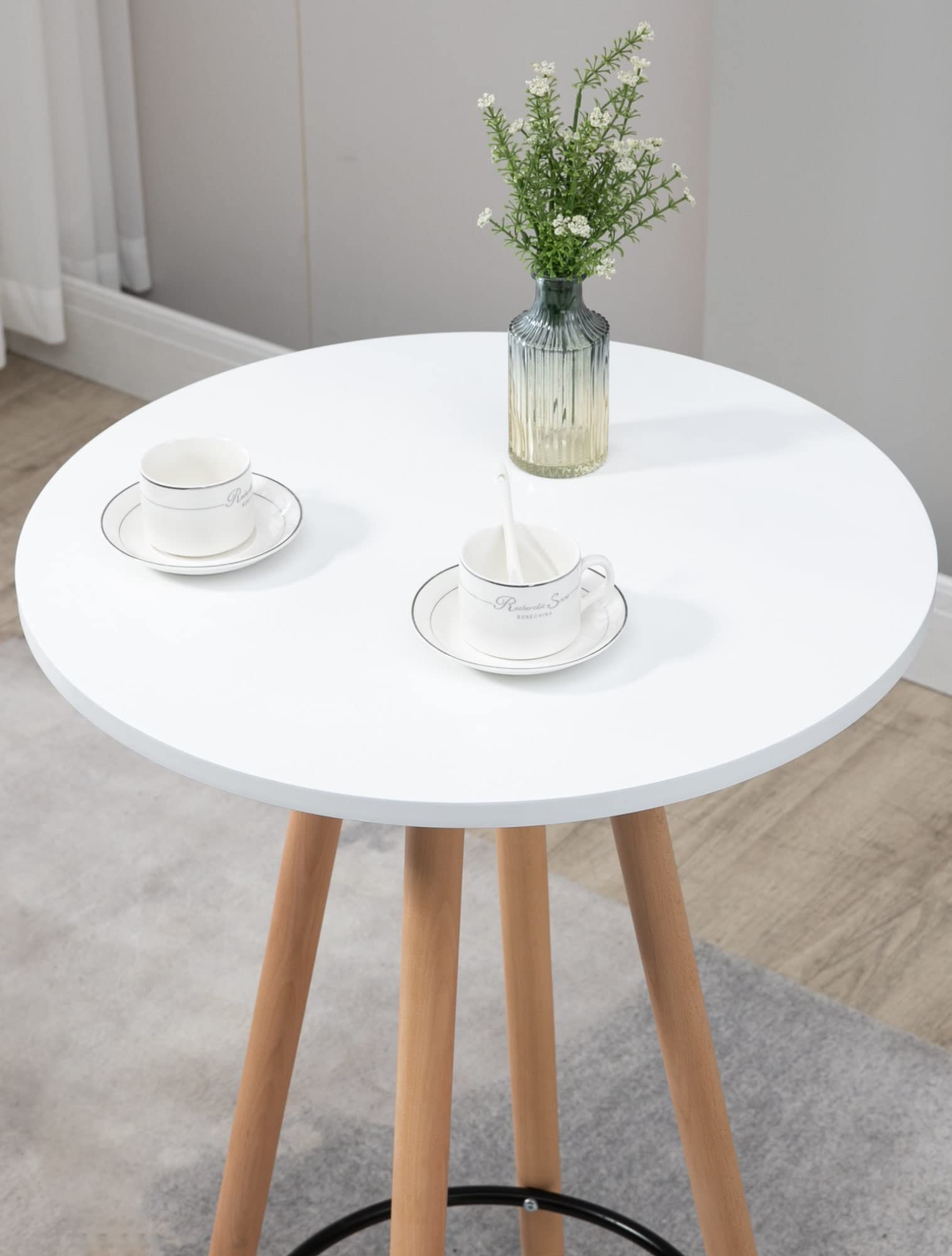 CLP Table Haute De Bar Livia avec Plateau Rond I Pieds en Bois I Repose-Pieds en Métal | Couleur Nature/Blanc