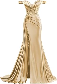 Off Shoulder Satin Prom Dresses Long 2026 Beaded Formal Dresses Pleated Evening Party Gown with Slit Tail
