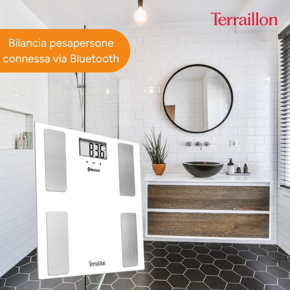 TERRAILLON SMART CONNECT Bilancia pesapersone Impedenziometrica - Analisi del cuerpo - BMI - 8 utenti - Bluetooth Low Energy - Capacità 160Kg - Bianco