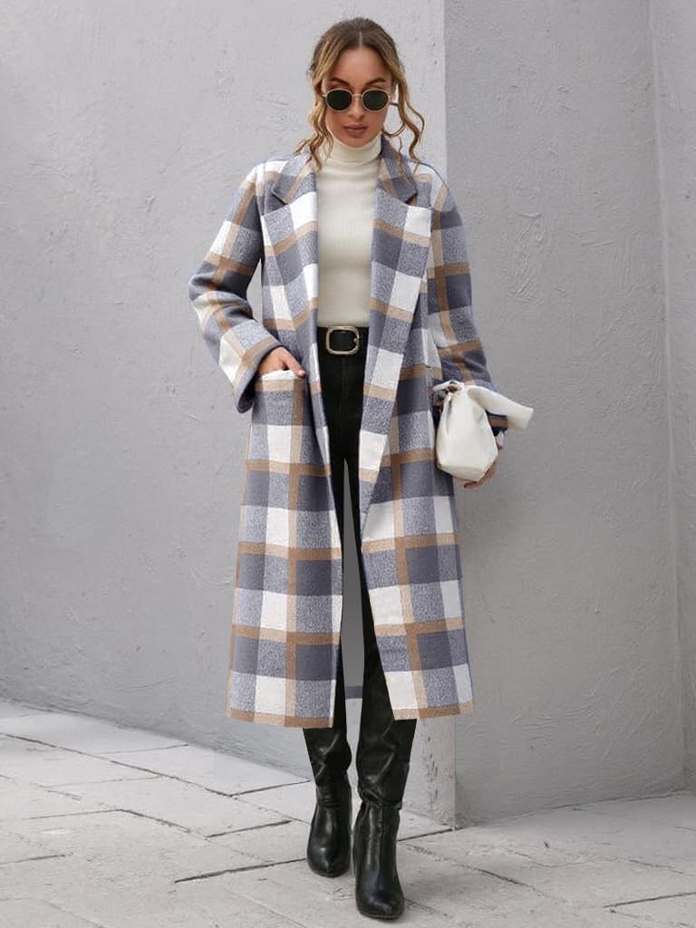 Women's Plaid Wool Coat Shacket Jacket Casual Long Sleeve Laple Button Down Flannel Trench Coats - Image 3