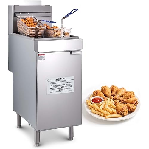 VEVOR Commercial Deep Fryer, 3-Burner Fryer for Restaurants, Stainless Steel Floor Standing Deep Fryers with Dual Baskets and Adjustable Temperature, Propane Powered, 40 lbs Capacity, 90,000 BTU