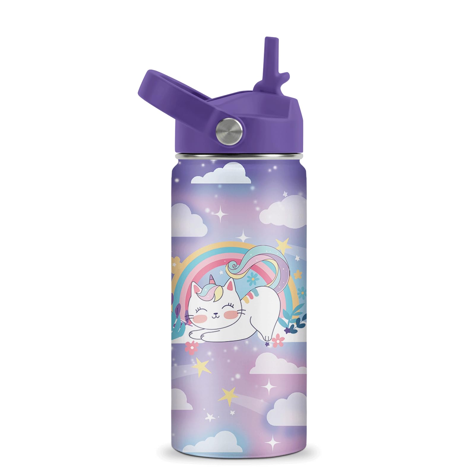 Cat Gifts for Kids - 16oz Purple Cat Water Bottle with Straw Lid - Rainbow Cats Stainless Steel Kids Insulated Cup for School, Sports, Travel Tumbler for Cats Lovers, Girls