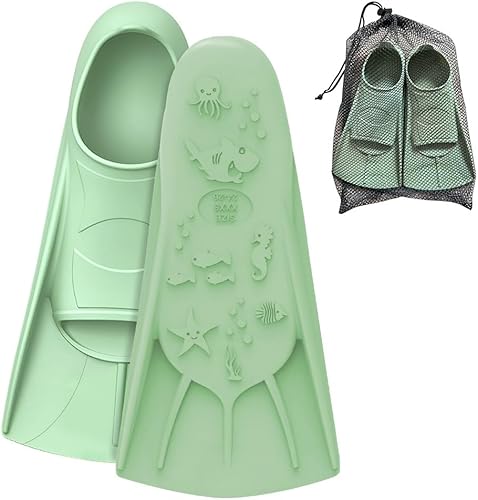 Comfecto Aletas de natación de silicona para niños con suela de criatura marina, aletas cortas de entrenamiento para natación, esnórquel, aletas de