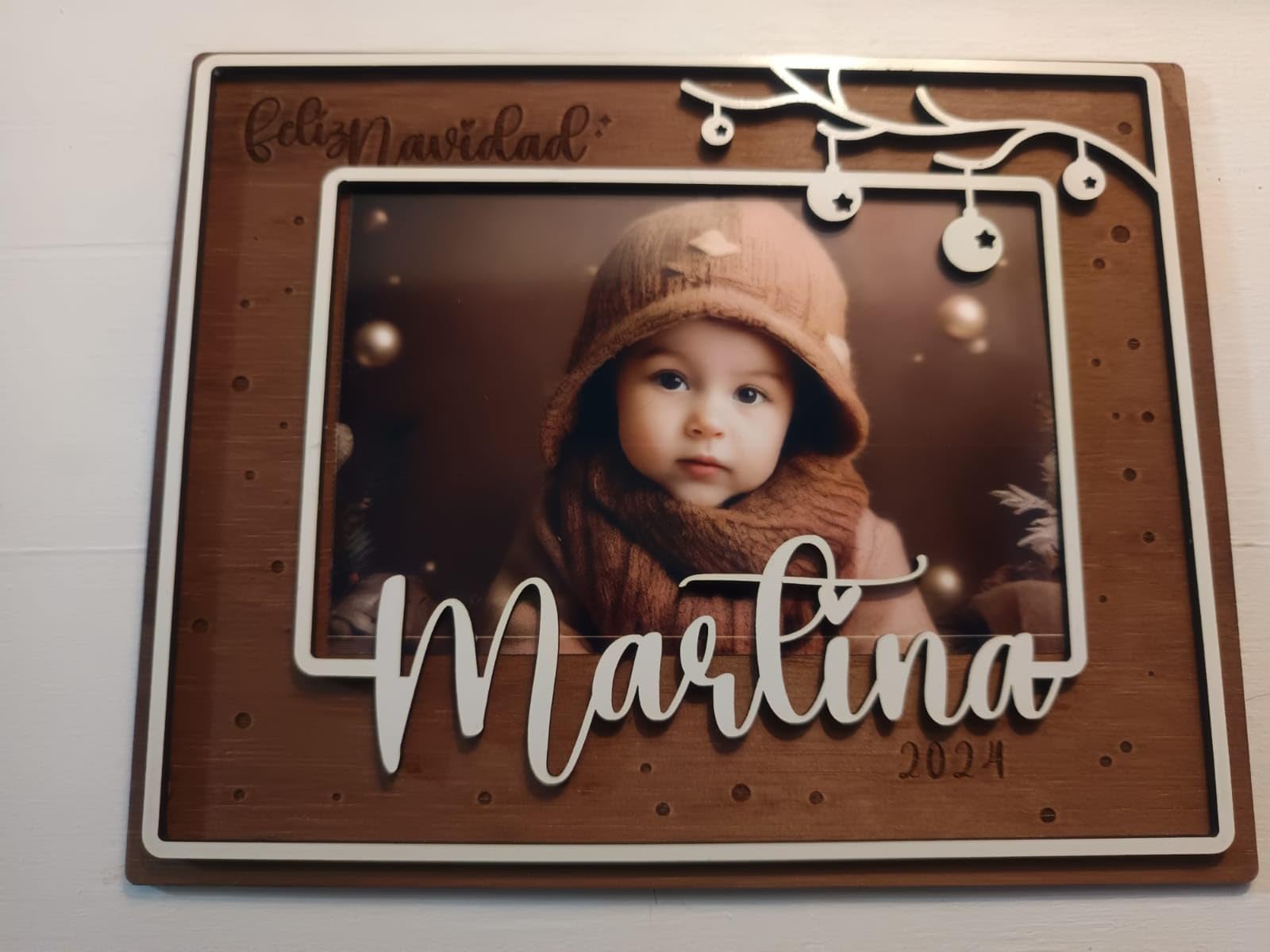 Christmas Navideño Personalizado con Foto y Nombre | Marco de Fotos de Navidad | Felicitación Navideña de Madera para Bebés, Niños y Familia