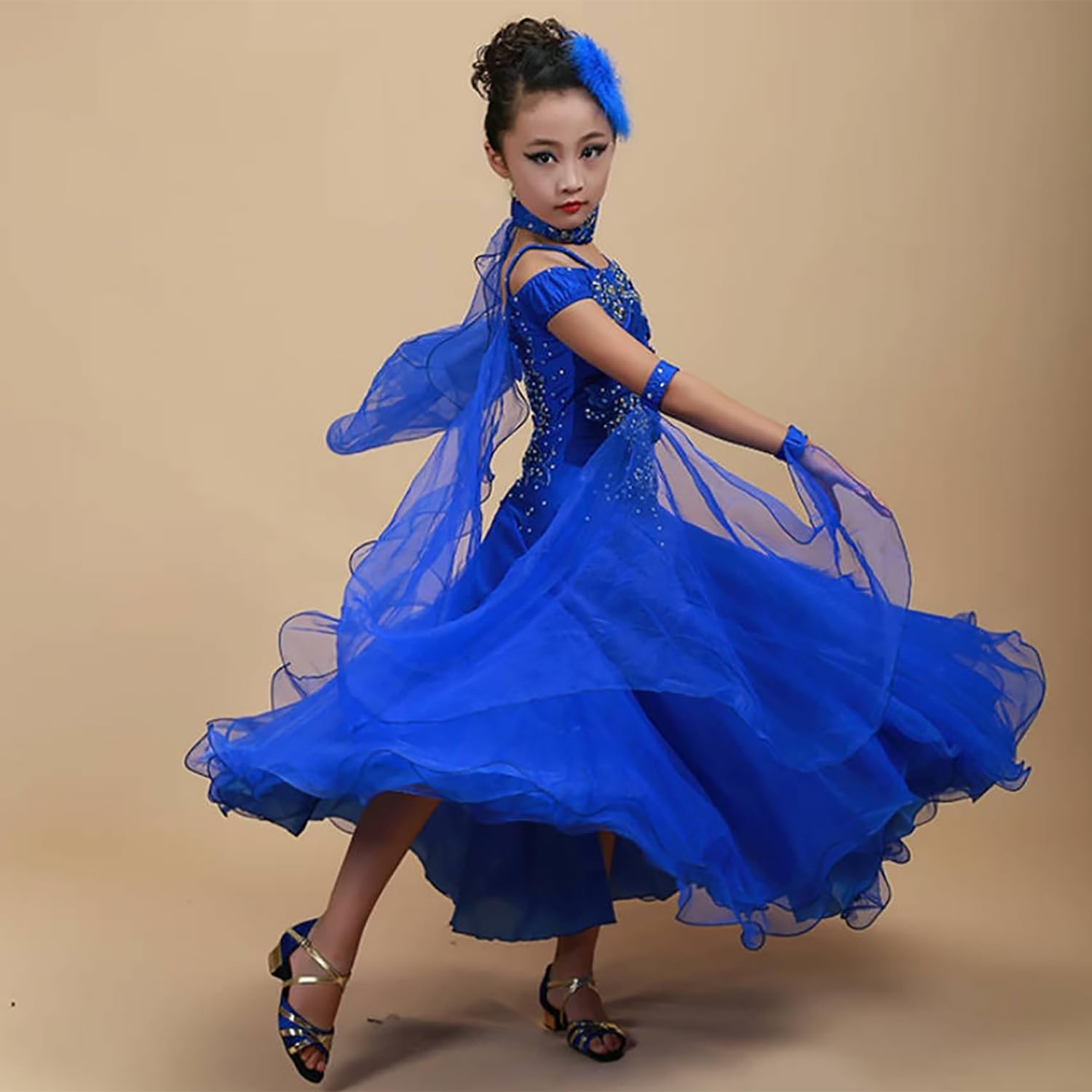 Abito da Ballo da Sala A Maniche Corte per Bambina Completo per Esibizioni Standard Abbigliamento per Danza Moderna con Ampia Gonna in Tulle Abbigliamento Classico per Flamenco