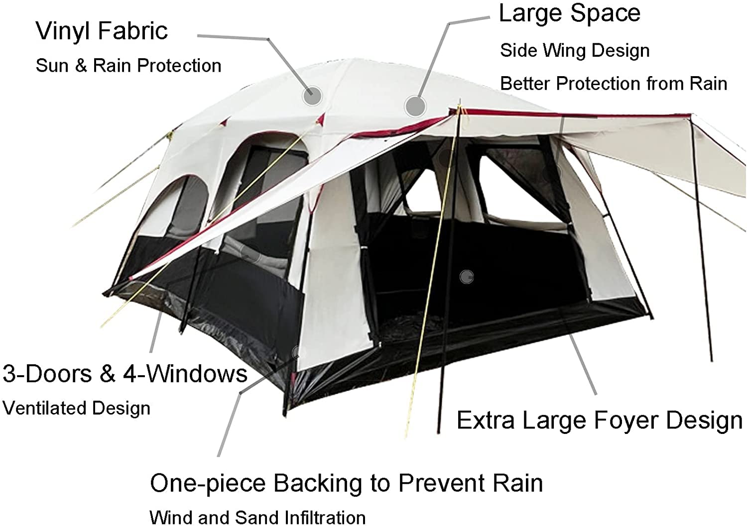 Familie Outdoor Camping Tent Grote Tenten met Luifel, Grote Familie Tent voor Buiten, Picknick, Camping, Familie, Vriendenbijeenkomst, 2 Kamers en 1 Badkamer
