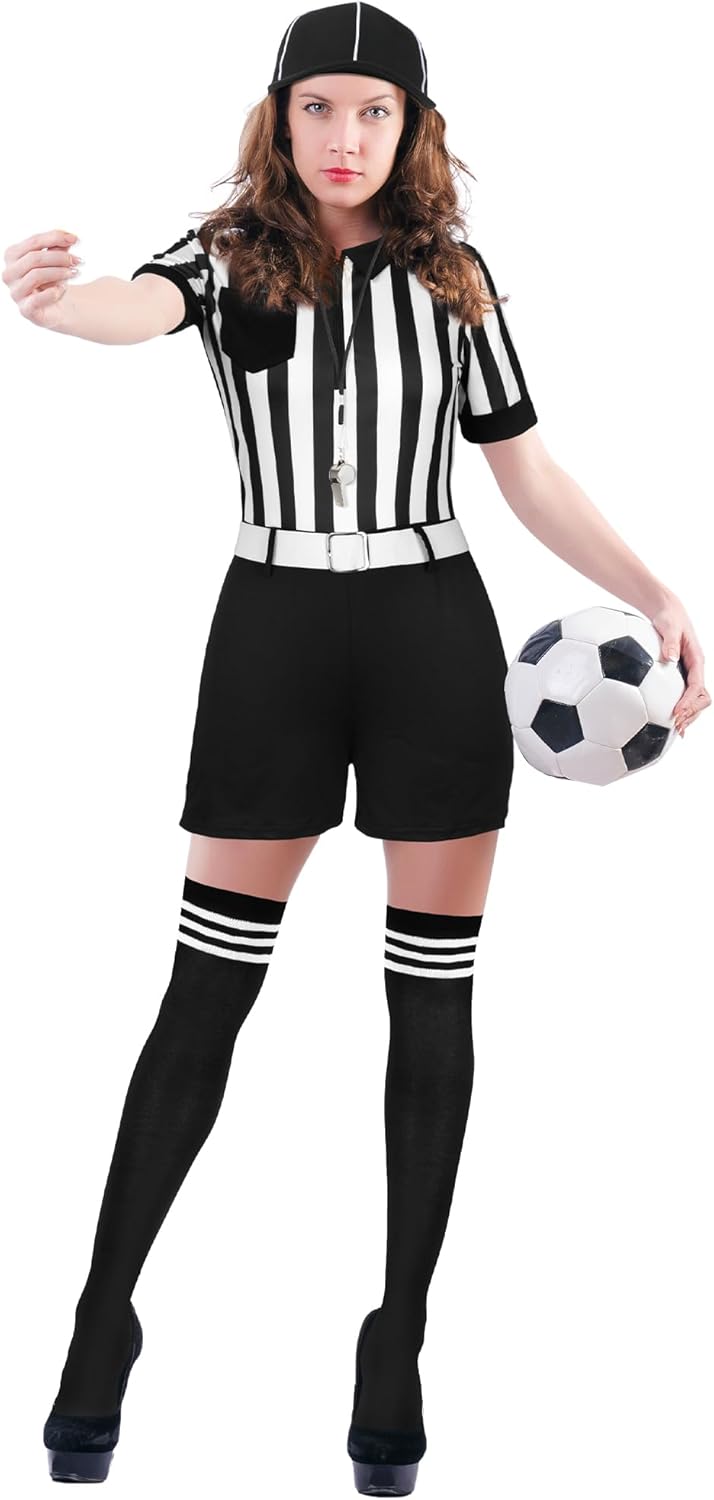 5 Pcs Referee Costume for Women Carnival Ref Uniform with Belt Hat Whistle Yellow Penalty Flags Long Socks - Image 4