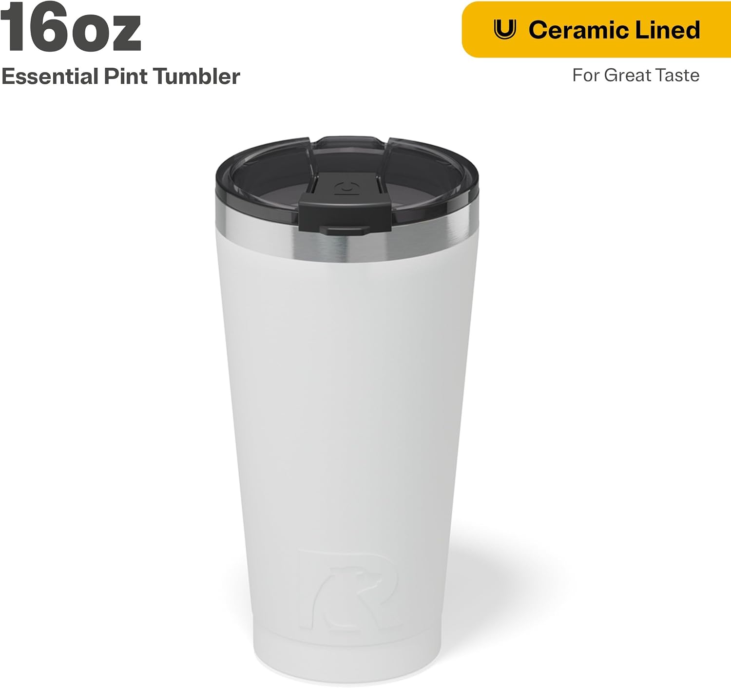 RTIC 16oz Essential Pint Tumbler with Lid, Ceramic Lined, Insulated, Stainless Steel, Metal, Double Wall Vacuum-Insulation, Portable Travel Cup for Beer, Iced Coffee, Tea, Hot and Cold Drink, White