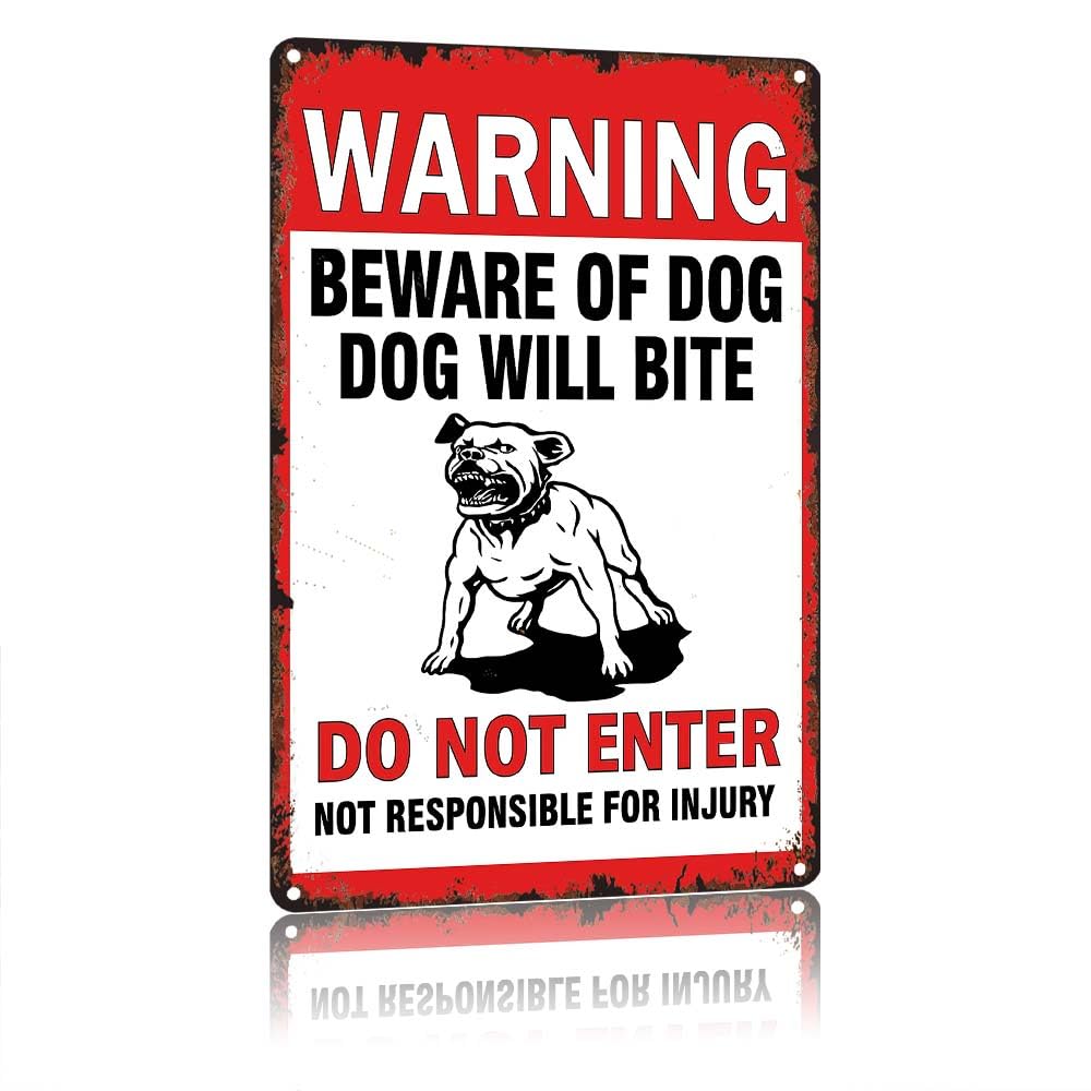 peiyeety WARNING Beware of Dog Dog Will Bite DoEnter Sign, Vintage Aluminum Metal Tin Sign, 12 X 8 Inch, Waterproof Rustproof Decorative Warning Sign for Home Yard Fence Gate Entryway Wall Decoration