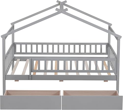 Miniatura 6 de Merax Cama de madera de tamaño individual con dos cajones, marco de cama de madera con techo y barandilla de seguridad para niños, adolescentes,