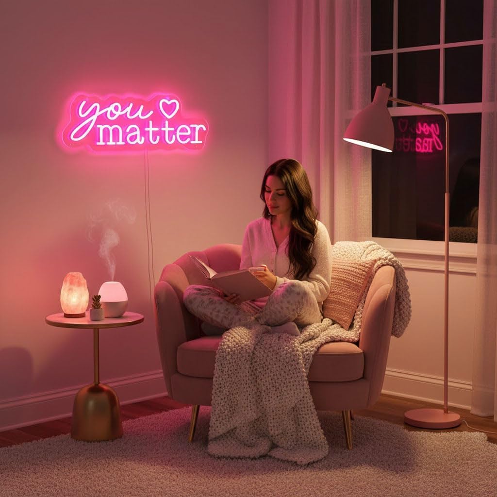 You Matter Neon Sign – Pink LED Wall Decor with Heart | Motivational & Inspirational Quote Home Decoration | Perfect for Girlfriend Bedroom, Living Room, Office, Mother’s Day Gift