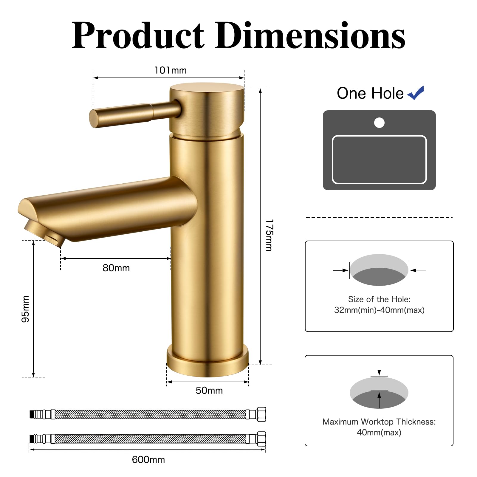 kisimixer Wasserhahn Bad, Einhebel-Waschtischarmatur 304 Edelstahl, Einloch Mischbatterie Waschbecken, Armatur Badezimmer für Kalt-/Warmwasser, Gebürstetes Gold Messing