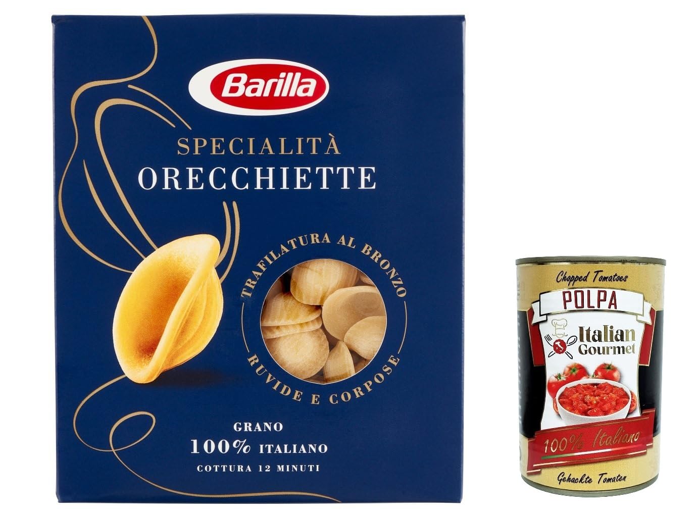 Pasta Barilla Specialità Orecchiette Pugliesi, 20 pastas 100% italianas, 500 g + Polpa italiana Gourmet 400 g