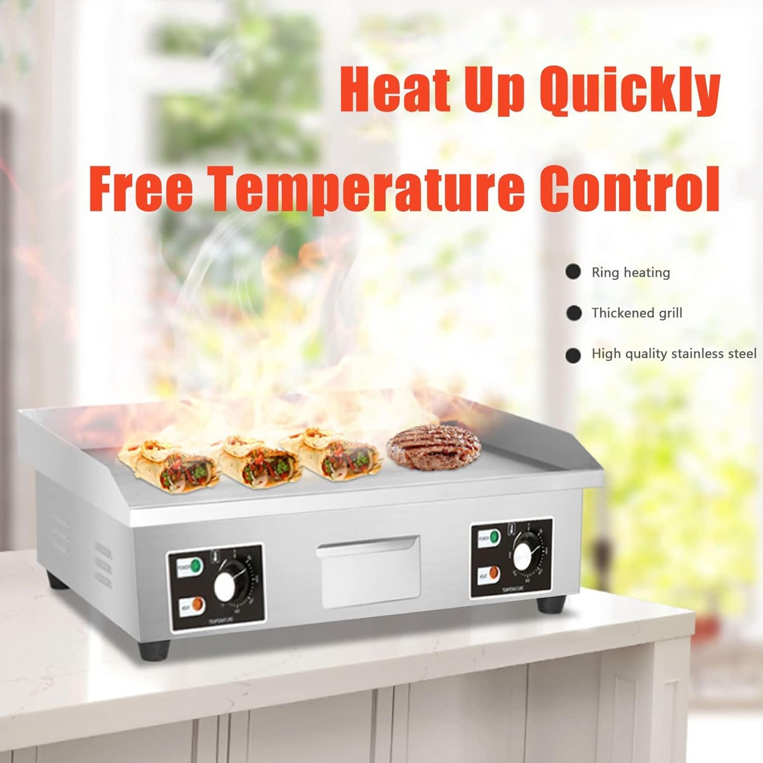 Plancha eléctrica comercial, plancha plana de encimera, parrilla de barbacoa comercial antiadherente de acero inoxidable, dos quemadores con control termostático, 3000 W (2/3 plano y ranura de 1/3) 2