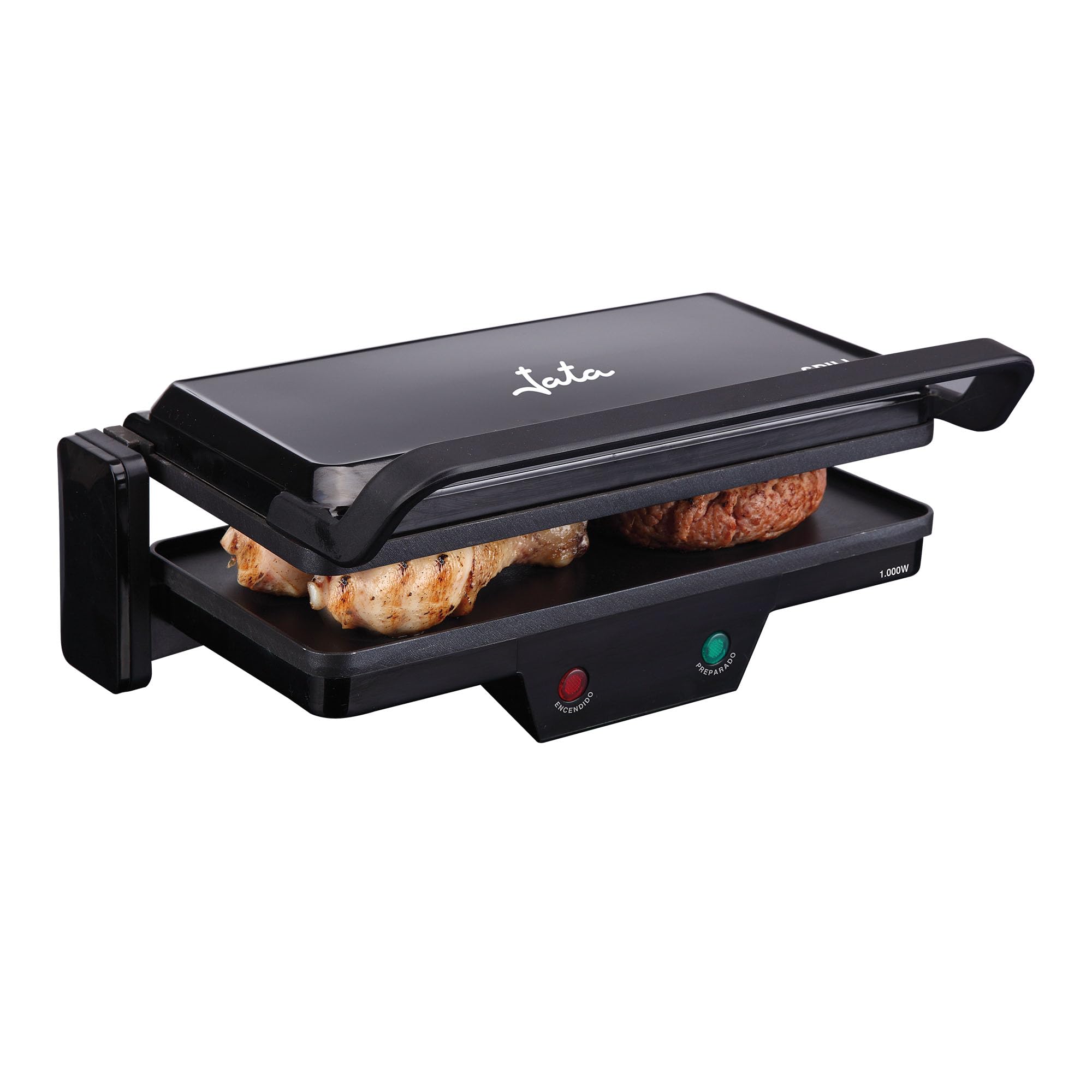 Jata GR266 Elektrische grill, 3-in-1, 1000 W, platen met antiaanbaklaag 27 x 14 cm, onderste plaat 180 graden, PFOA-vrij, zwart : Jata
