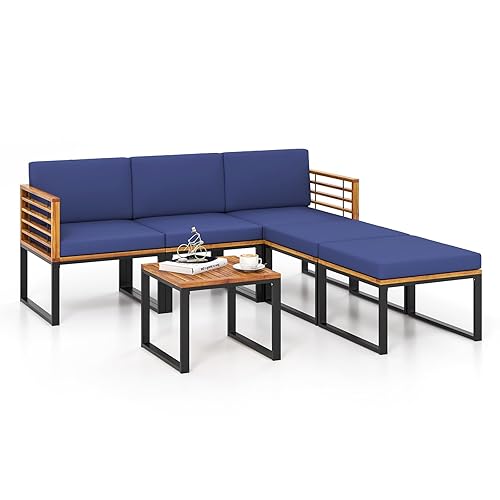 Tangkula 6 Piece Patio Conversation Sofa Set, Acacia Wood Chair
