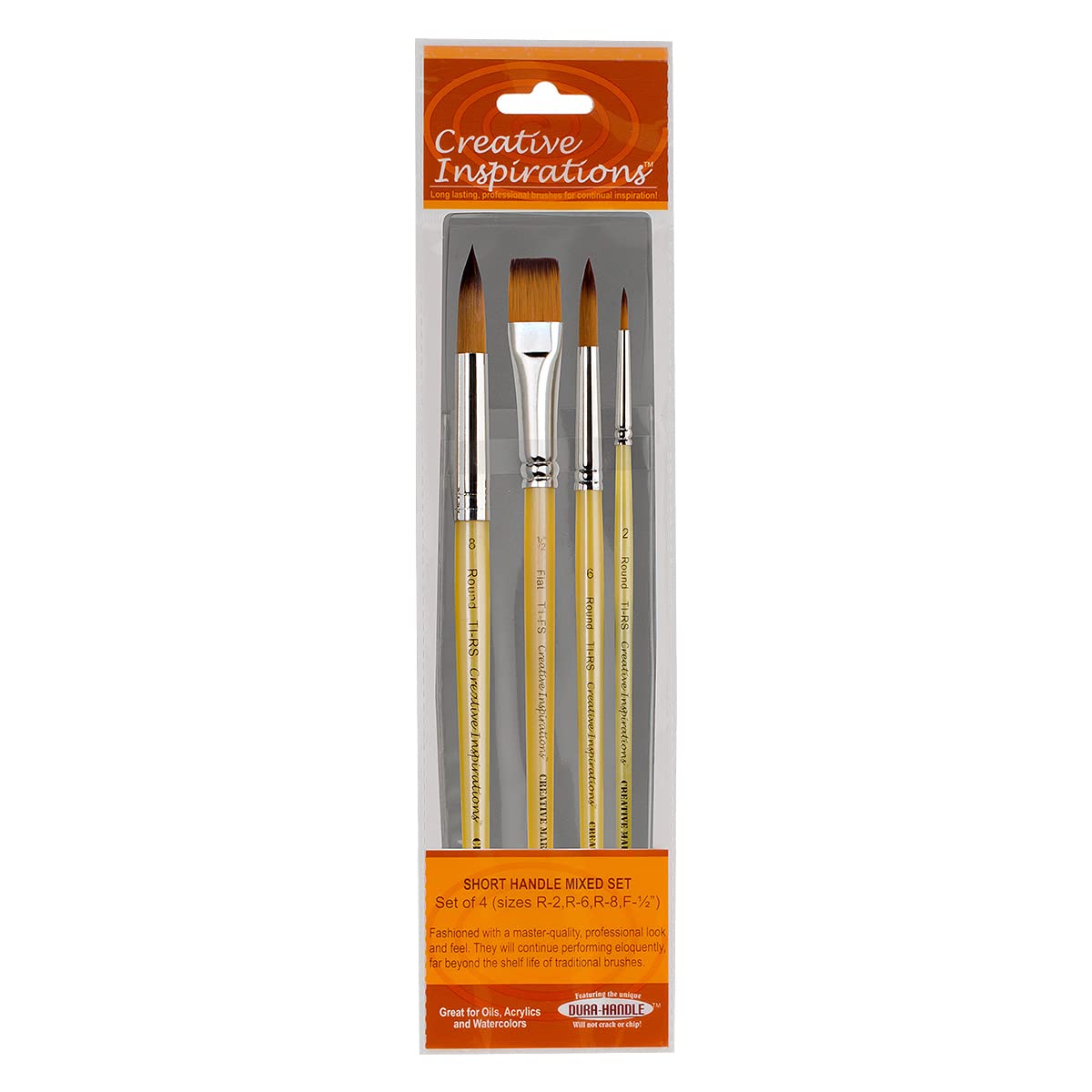 Creative InspirationsDura-HandleArtist Paint Brushes Short Solid Resin Handle Resists Chips & Cracks - Mixed [Set of 4]