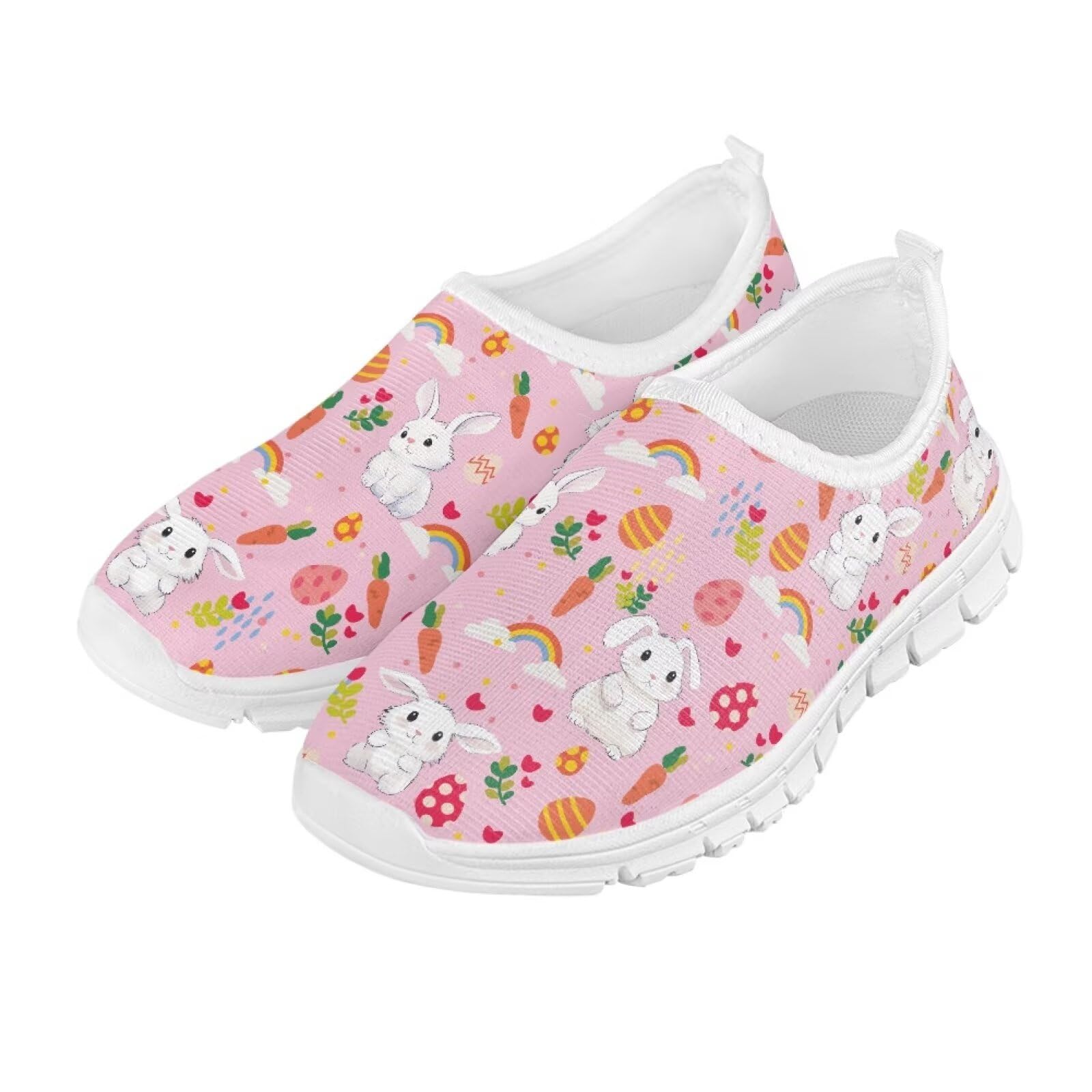 Fuojuvelie Bunny Girls Tennis Shoes Size 1.5 Easter Gifts for Kids Slip On Shoes Pink Athletic Shoes Sneakers for Primary Girls Rainbow Running Bowling Shoes Easter Shoes for Girls