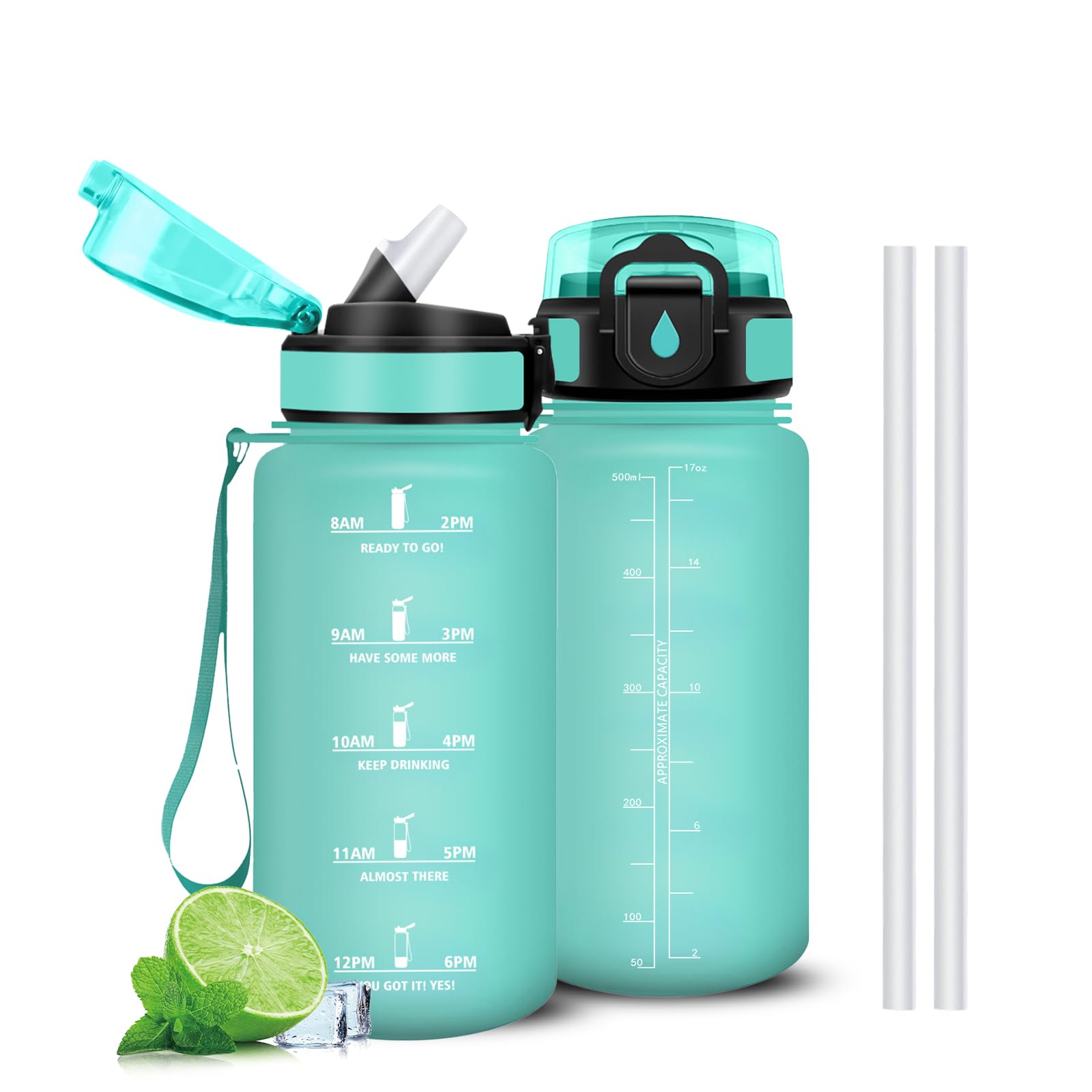 Gourde 500ml Anti Fuite, Gourde Motivation, Verrou de Sécurité, Bouteille d'eau avec Paille, Facile à Nettoyer, Gourdes avec Marqueur de Temps pour École, Velo, Cyclisme