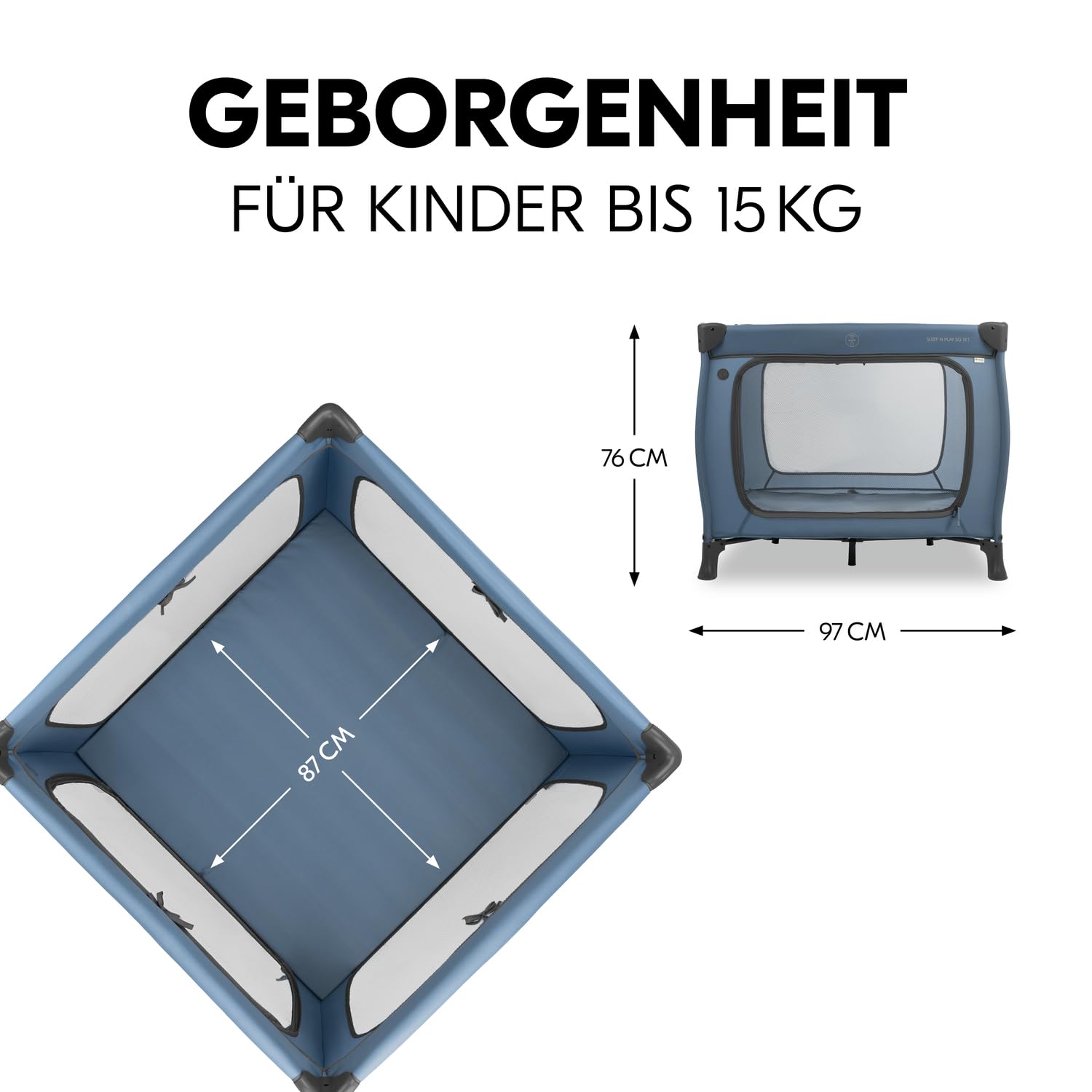 Hauck Quadratischer Reise Laufstall mit Matratze Sleep N Play SQ Dark Blue | Klein zusammenklappbar mit Tragetasche & XL Spielöffnung ab Geburt bis 15 kg / 3 jahre, 2in1 Laufgitter & Reisebett