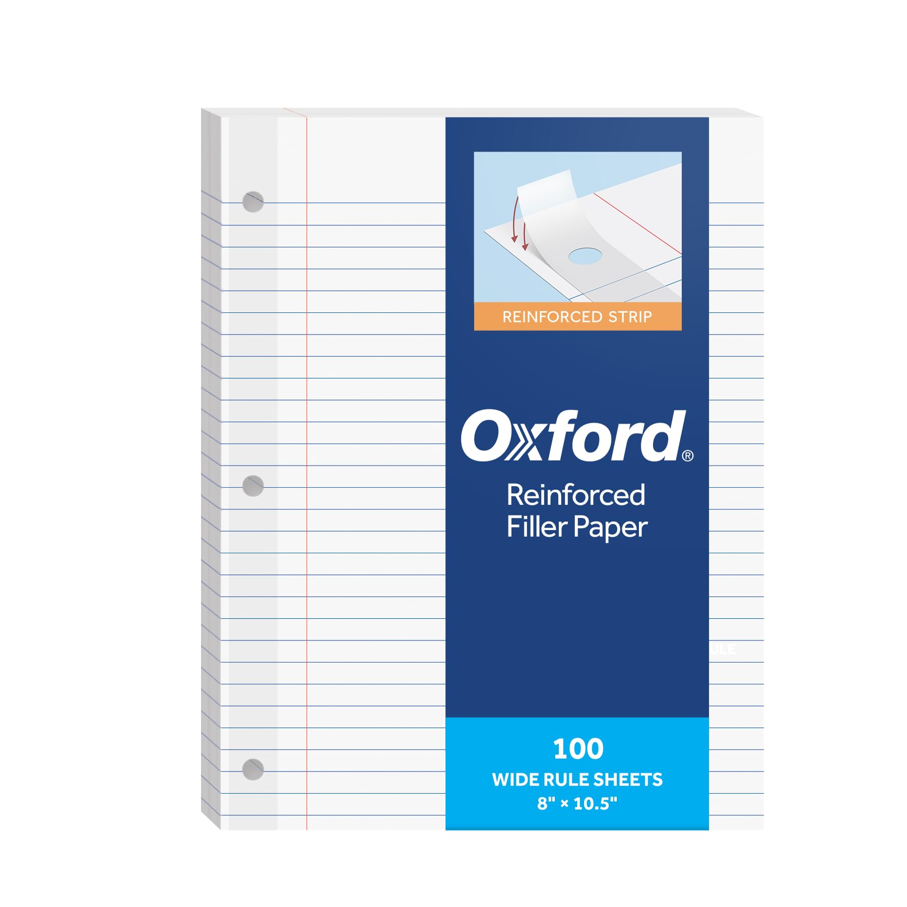 Oxford Reinforced Filler Paper, 8 x 10.5 Inch, Wide Rule, 3 Hole Punched, Lined Loose Leaf Paper for Ring Binders, 100 Sheets, White (1002098)