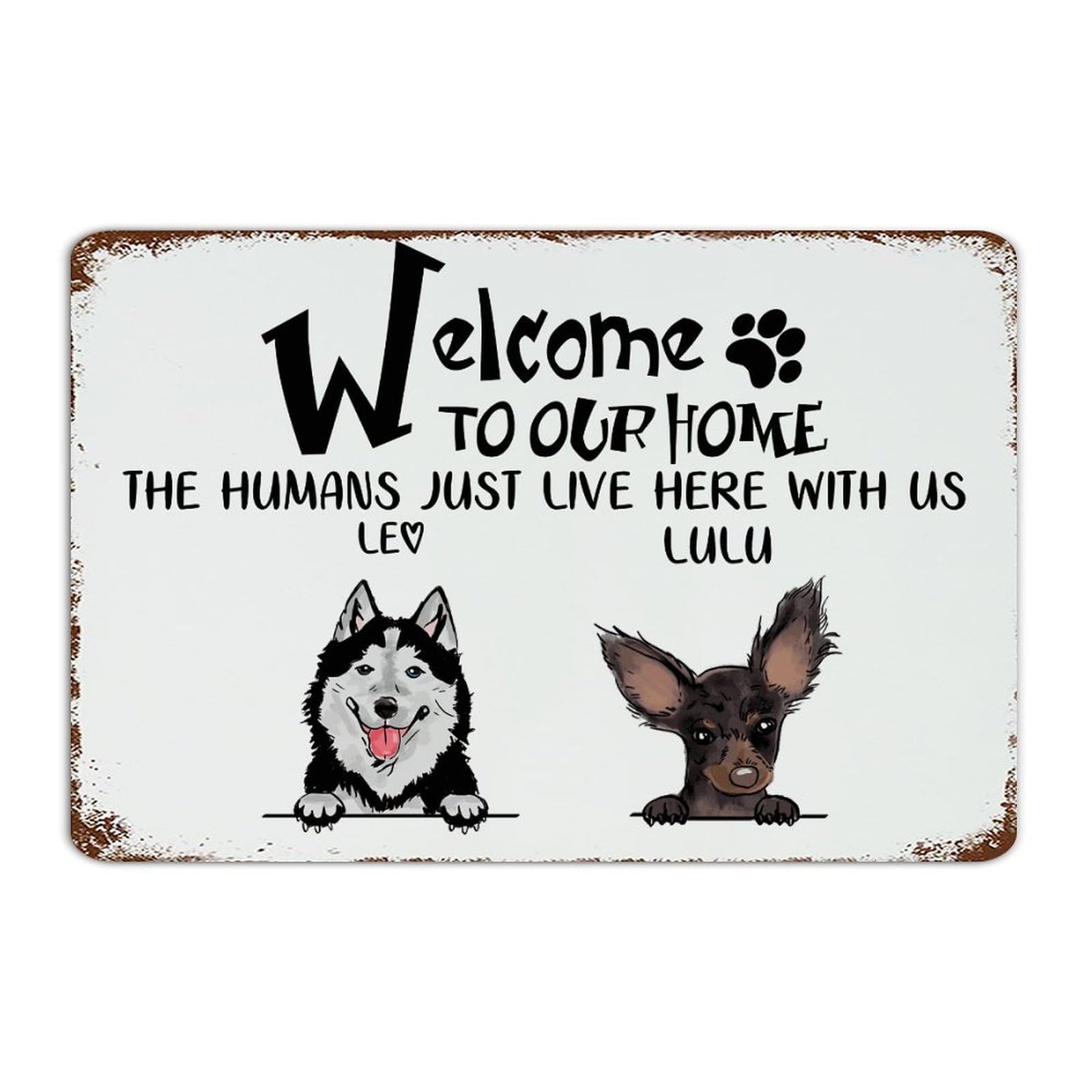Plaque en métal personnalisée Welcome to Our Home décoration murale chat et chien pour jardin
