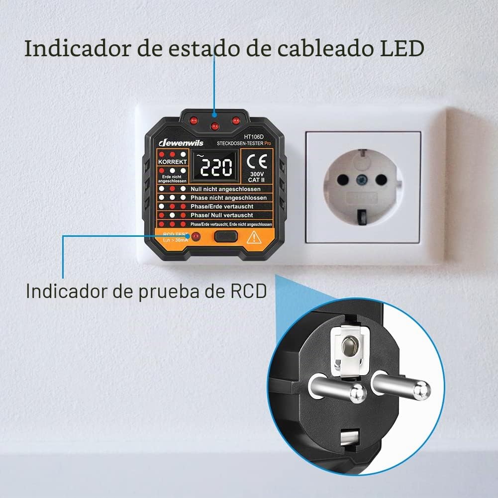 DEWENWILS Probador de Enchufes con Prueba RCD y Pantalla de Voltaje LCD, Pantalla de Luz Indicadora, Prueba FI, 48-250V/45-65Hz, CAT ll 300V