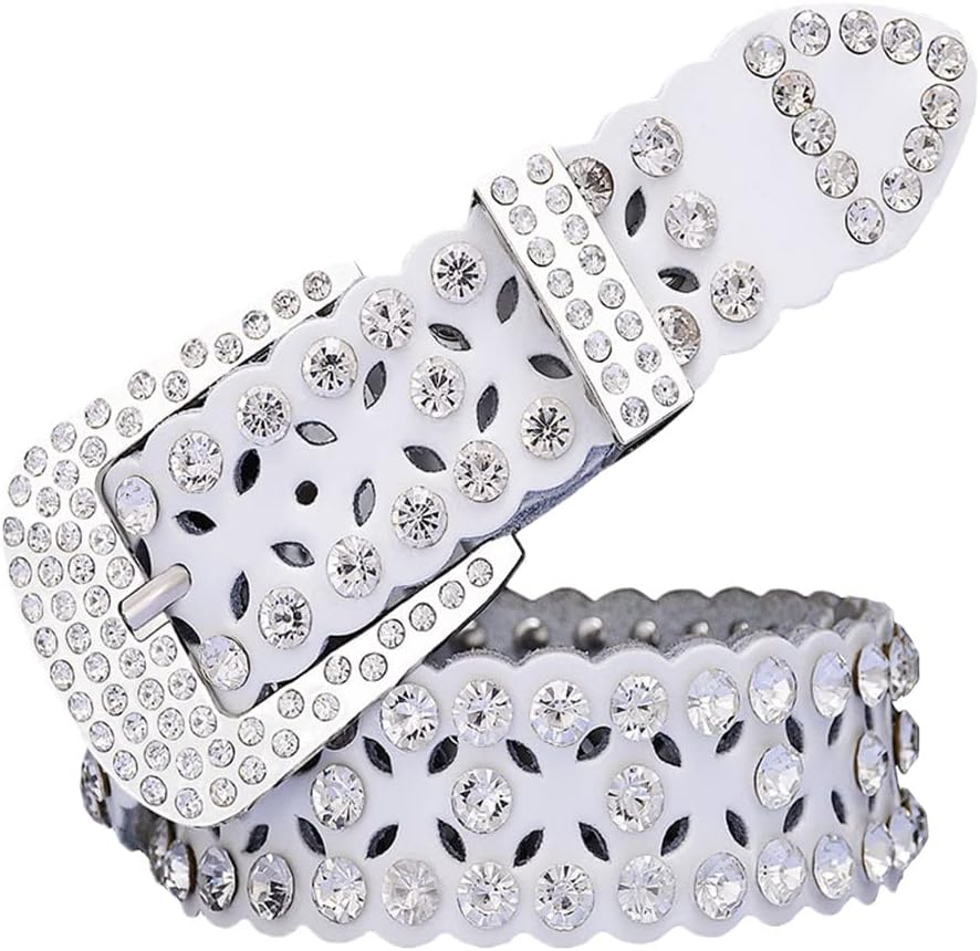 Rhinestone Genuine Leather Belts For Women, Luxury Pin Buckle Cow Skin Waist Strap Belt