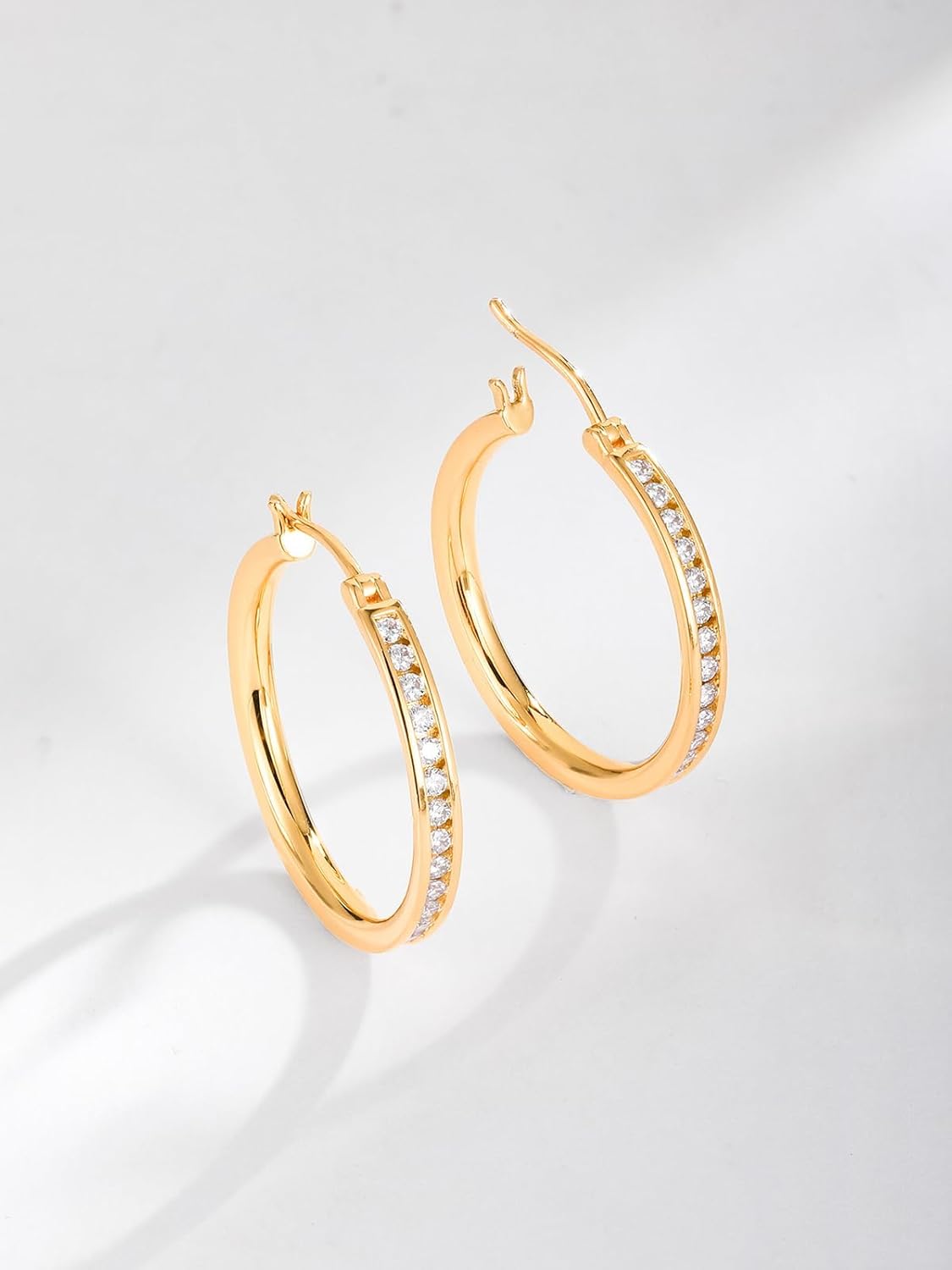 14K Gold Plated Cubic Zirconia Cuff Earrings, 925 Sterling Silver Huggie Hoops 15mm/20mm/30mm/40mm Moissanite Hoop Earrings for Women