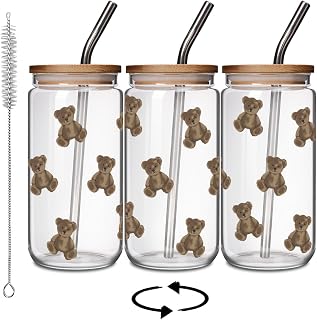 FALJIOK Cute Bear Mug, 16oz Glass Can Cup, BPA-Free, Reusable for Bear Lovers