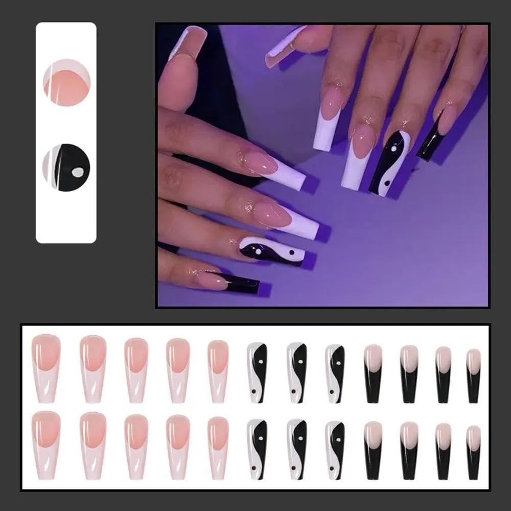 24Pcs Long Coffin False Nails White Black Designs French Ballerina Press On Nail Tips Manicure Decorations