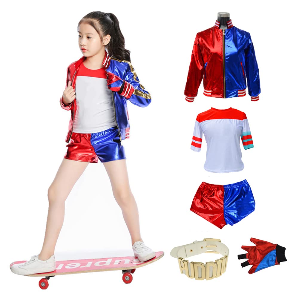 Formemory Quinn Costume Set for Girl, Halloween Costume Cosplay Suicide Squad Jacket and Shorts Shirt with Gloves Collar