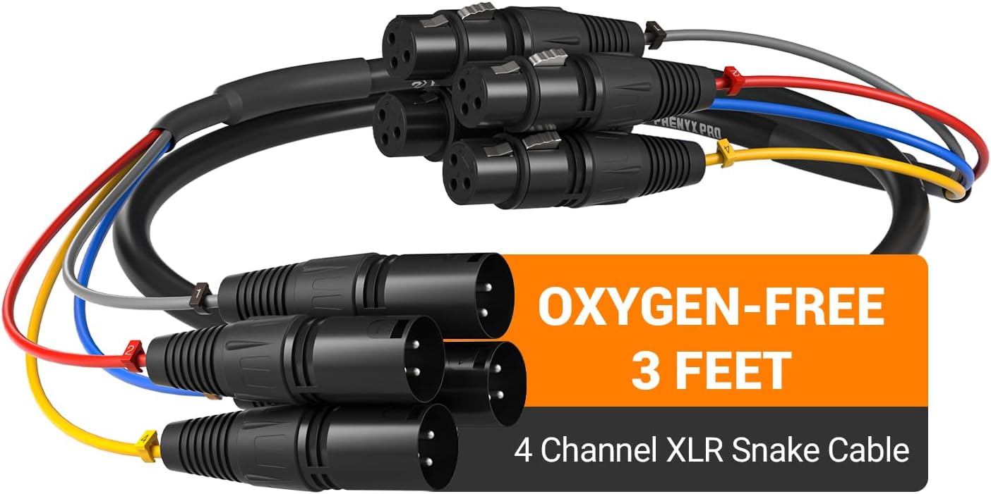 Phenyx Pro 4-Channel XLR Snake Cable, Color-Coded XLR Male to Female Patch Wire w/OFC Copper, 3 Ft Splitter Cable, Balanced Microphone Cable for DJ Mixers, IEM & Mic Systems (PCBL-4IN1-3)