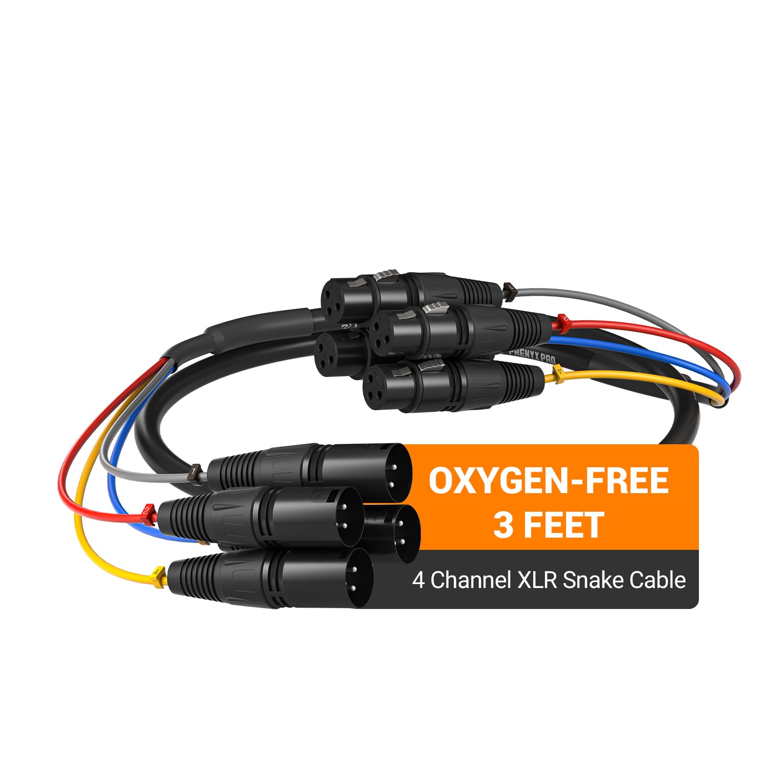 Phenyx Pro 4-Channel XLR Snake Cable, Color-Coded XLR Male to Female Patch Wire w/OFC Copper, 3 Ft Splitter Cable, Balanced Microphone Cable for DJ Mixers, IEM & Mic Systems (PCBL-4IN1-3)