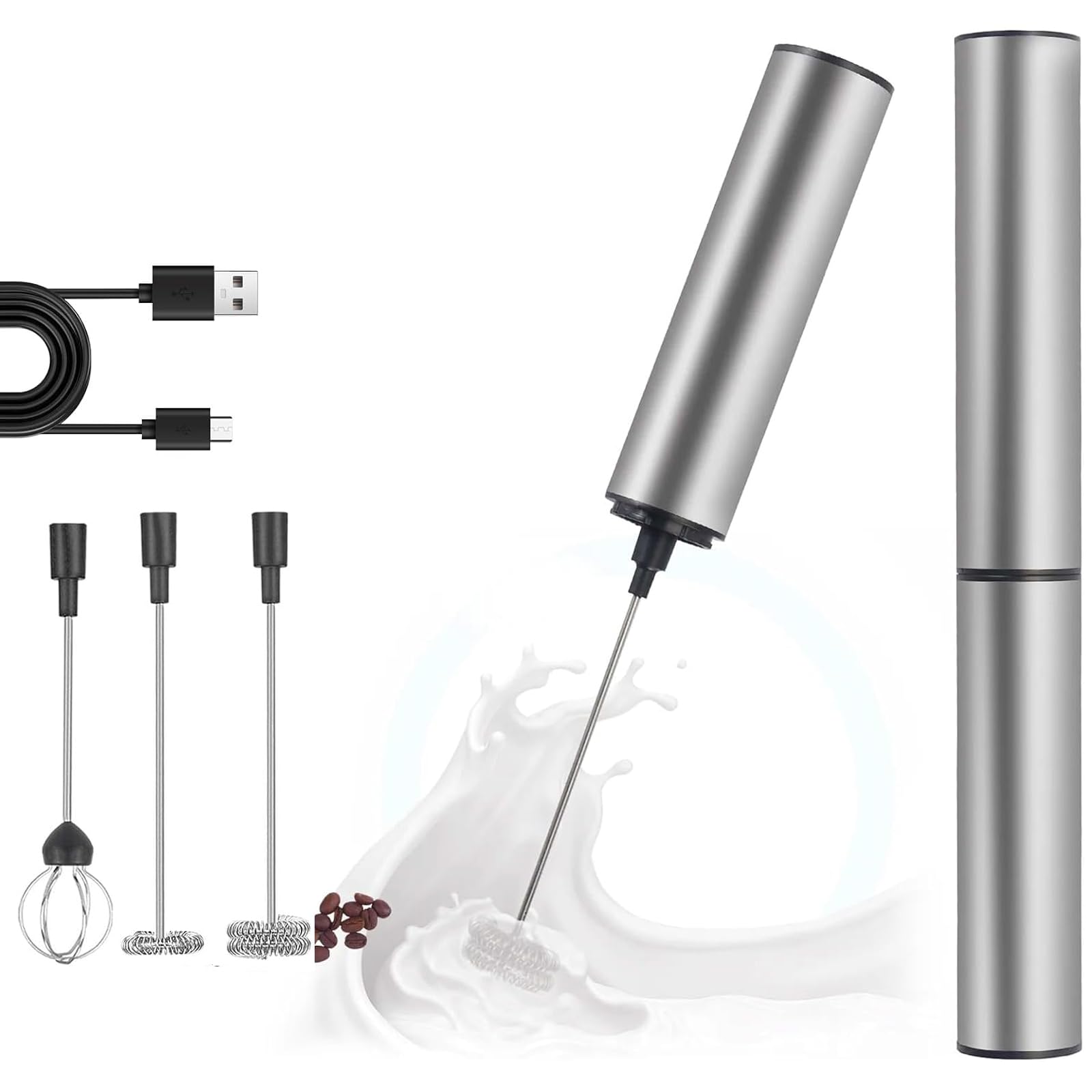 Mousseur à Lait Électrique Rechargeable USB,Batteur à Lait Sans Fil en Acier Inoxydable avec Double Fouet & 3 Embouts,Fouet Électrique,Mini Mixeur pour Café,Latte,Cappuccino,Matcha et Boissons