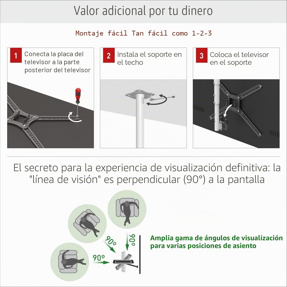 Barkan Soporte de Techo para TV Blanco de 97 cm de Largo, Movimiento Completo de 13 a 65 Pulgadas, Soporte de Pantalla Plana y Curvada, soporta hasta 40 kg, Ajuste de Altura telescópico, se Adapta a