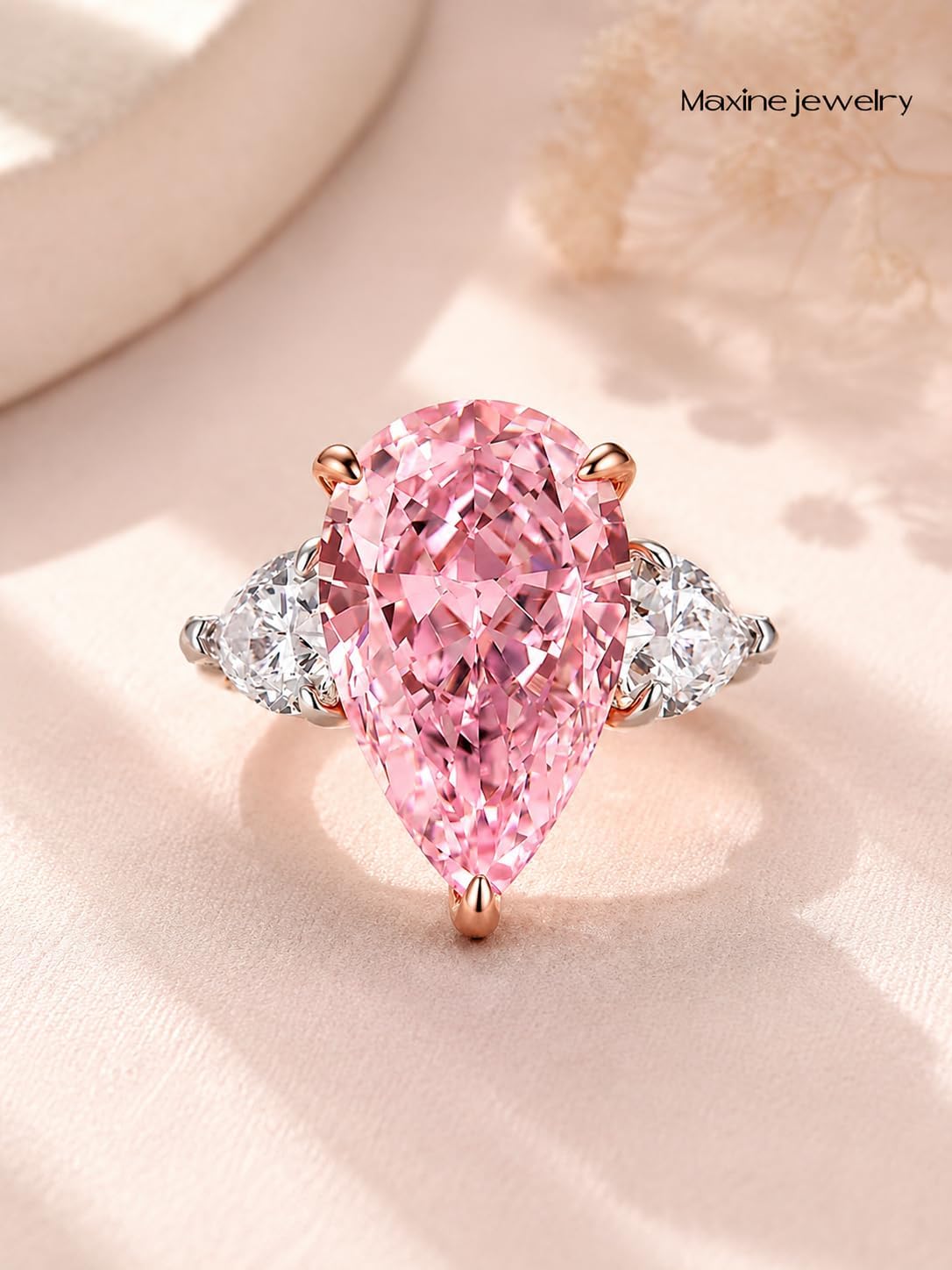 Maxinejewelry 8CT Pear Cut Pink/Clear 5A CZ Engagement Ring for Women, 18K White Gold Plated Three-Stone Promise Ring