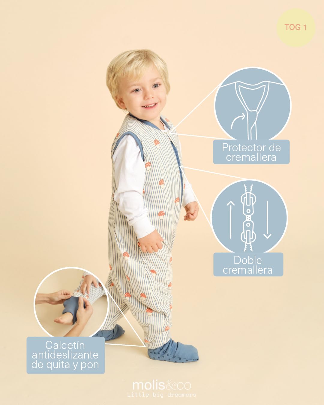 molis&co - Pijama Manta con Calcetines Antideslizantes 1.0 TOG - 80 cm (2 años) - Ideal para Primavera y otoño - 100% algodón (Oeko-Tex 100) - Mushrooms