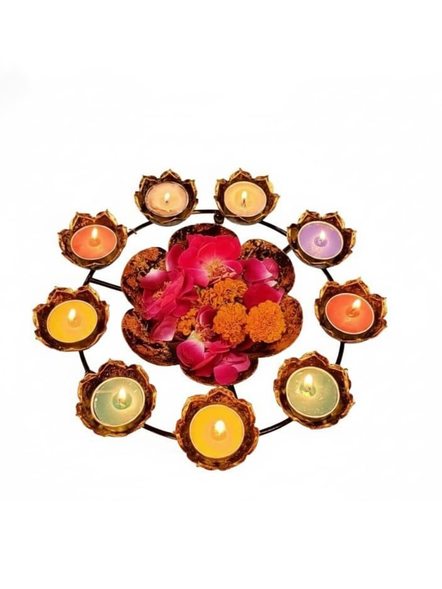 Decorative Diya Candle Holder Set, Flower Design, Multi-Color Candles, 9 Tea Light Holders, Iron Stand, Festive Decor