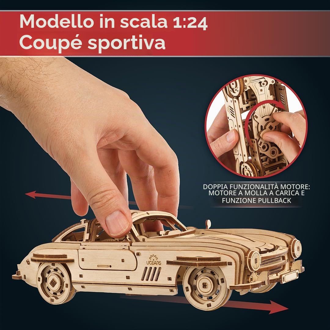 UGEARS Coupé Sportiva con Alettone - Modellismo Auto da Costruire Adulti - Puzzle 3D Legno Costruzioni per Adulti - Kit Modellino Auto da Costruire con Autentico Design ad Ali di Gabbiano